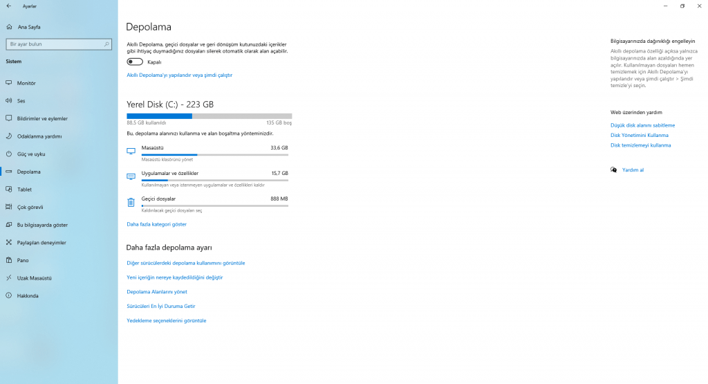 Windows 10 Depolama